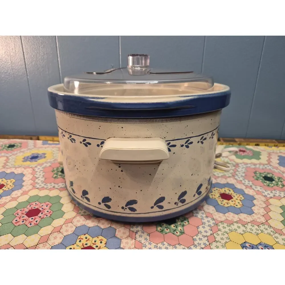 Vintage Rival Crock Pot / Slow Cooker 5 Qt Blue Leaves Pattern Works